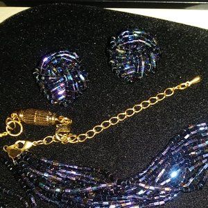 Vintage Iridescent Blue/Purple Beaded Necklace & Earring Set